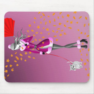 Dog Walker Autumn Leaves Pink Mouse Pad