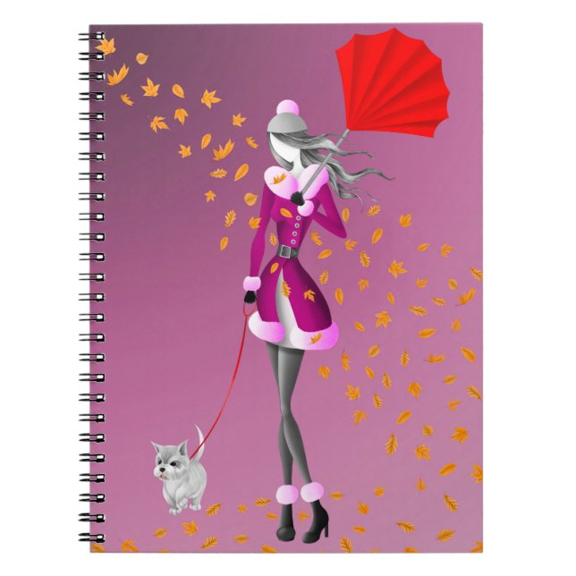 Dog Walker Autumn Leaves Pink Notebook (Front)