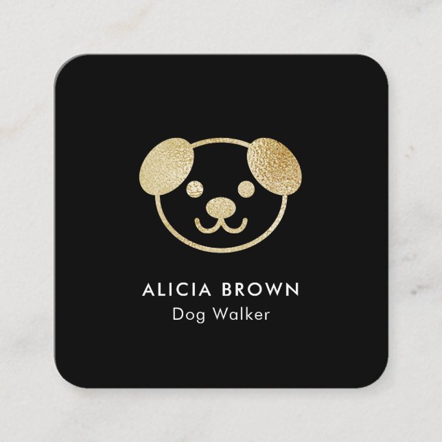 Dog Walker Modern Black Gold Square Business Card (Front)