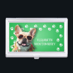 Dog Walker Paw Prints Business Card Holder<br><div class="desc">This business card holder,  personalised with your name,  features a cute French Bulldog on bright green with a white paw print border. Fun as a gift or a great way to carry your own business cards.</div>