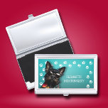Dog Walker Paw Prints Business Card Holder<br><div class="desc">This business card holder,  personalised with your name,  features a cute black miniature schnauzer on bright turquoise with a white paw print border. Fun as a gift or a great way to carry your own business cards.</div>