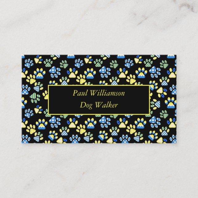 Dog Walker Paws Black Yellow Business Card (Front)