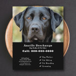 Dog Walker Pet Sitter Custom Photo Black Flyer<br><div class="desc">A sleek and minimalist black flyer featuring a customisable photo of a cute black Labrador,  perfect for dog walker & pet sitter,  Canine Behaviour Educator,  groomer. You can replace the photo with your own logo! On the back there is a dog paw pattern!</div>