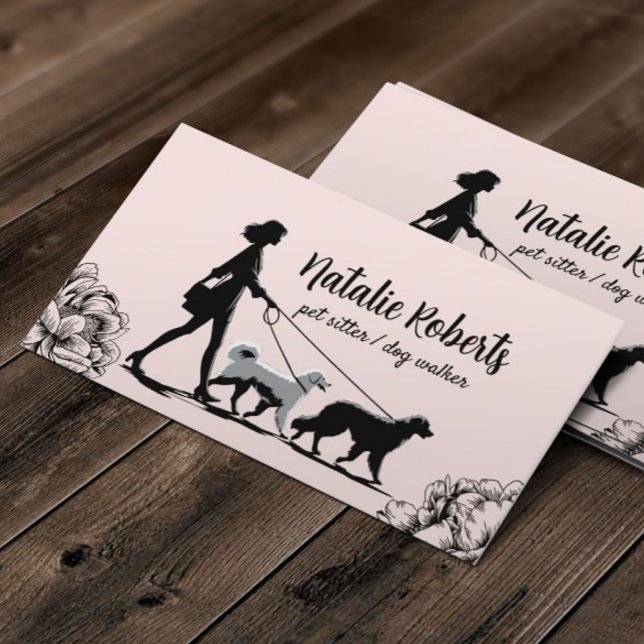 Dog Walker Pet Sitter Girl Walking Dogs Blush Pink Business Card (Creator Uploaded)