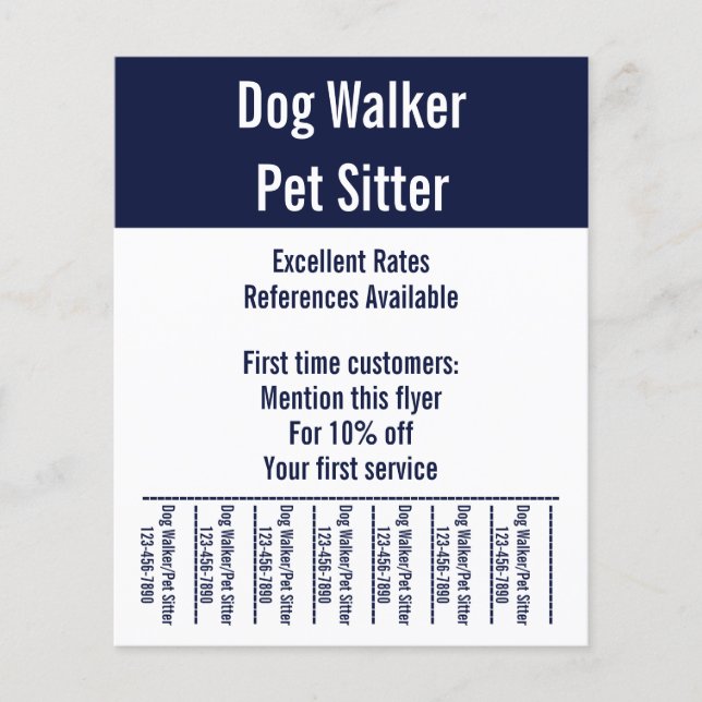 Dog Walker Pet Sitter White and Blue Text Template Flyer (Front)