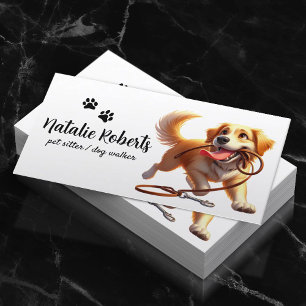 Dog Walker Pet Sitting Happy Dog Biting Its Leash Business Card