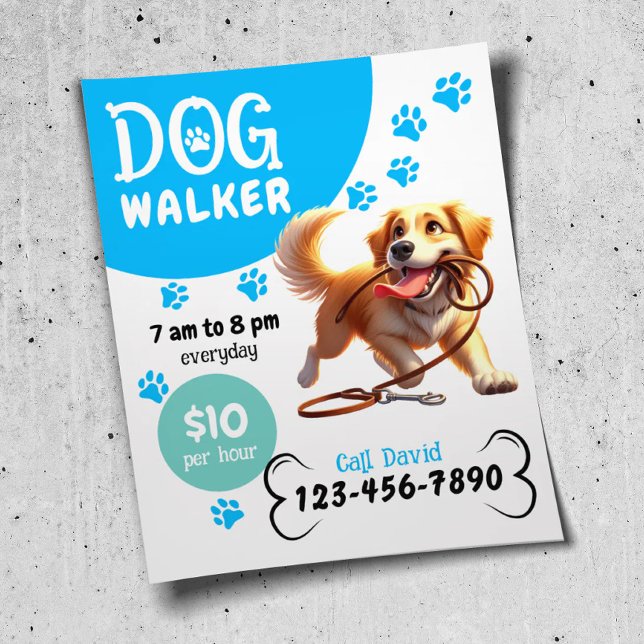 Dog Walker Pet Sitting Happy Dog Biting Its Leash Flyer (Creator Uploaded)