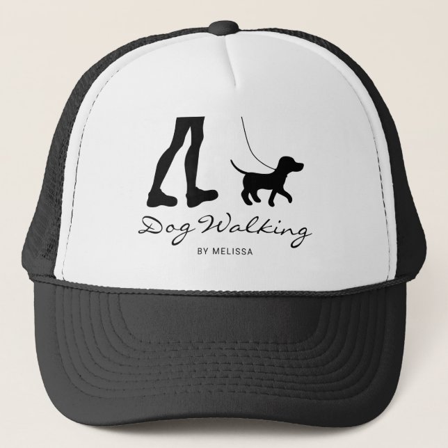 Dog Walker Woman & Dog - Black Silhouette & Text Trucker Hat (Front)