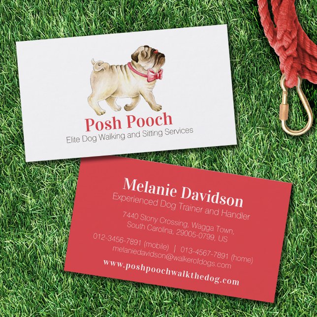 Dog walking and sitting service posh pug red business card (Creator Uploaded)