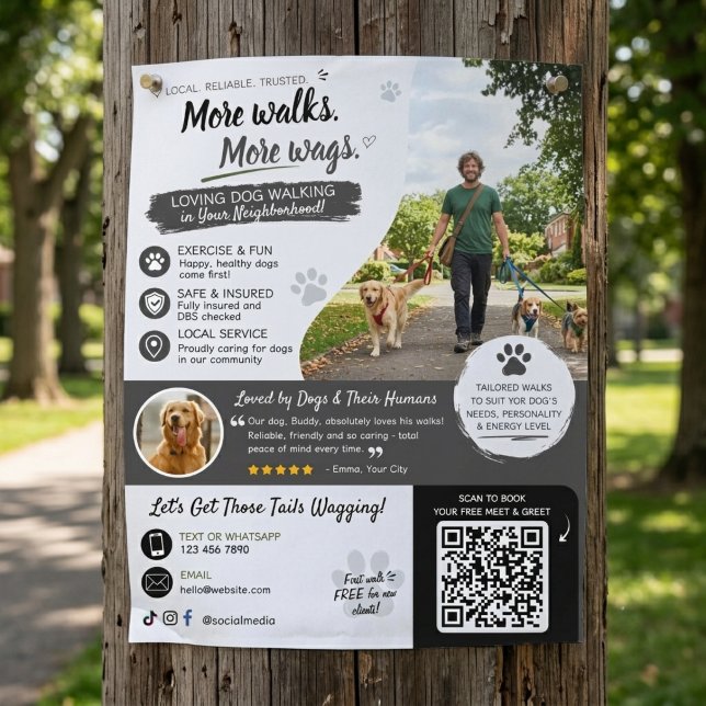 Dog Walking Pet Sitting Business Flyers QR Code (Dog Walking Flyers black )