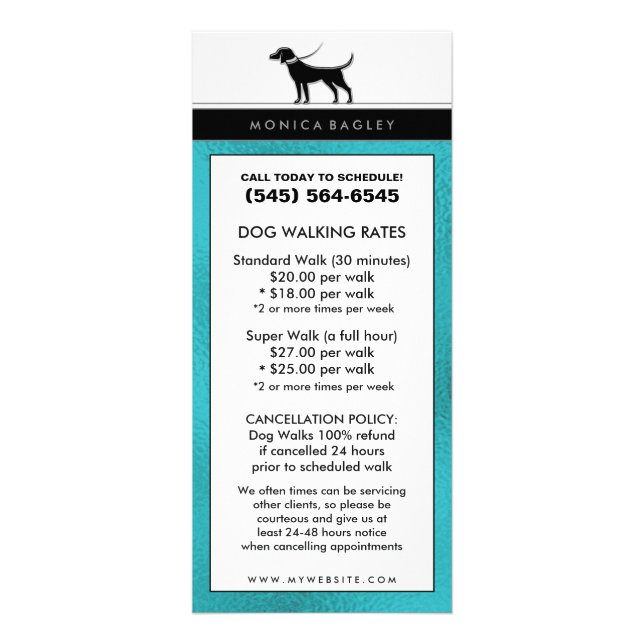 Dog Walking & Pet Sitting Teal Blue Rack Card (Front)