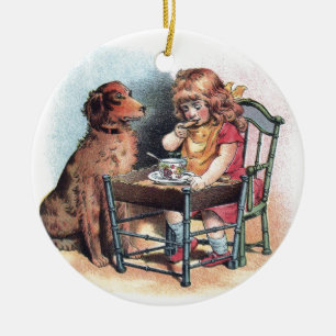 Dog Watching Toddler Eat Ceramic Tree Decoration