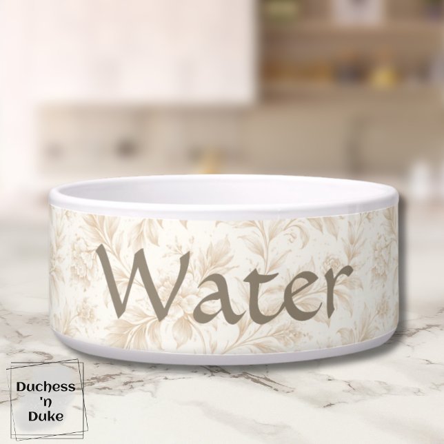 Dog Water Bowl - Ivory Botanical, Name  (Dog Water Bowl with ivory botanical design displayed on marble counter top)