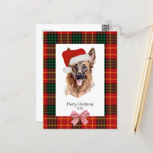 Dog Watercolor German Shepherd Plaid Christmas Postcard