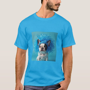 Dog wearing a blue wig t-shirt