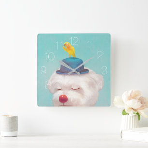 Dog Wearing a Bowler Hat Square Wall Clock