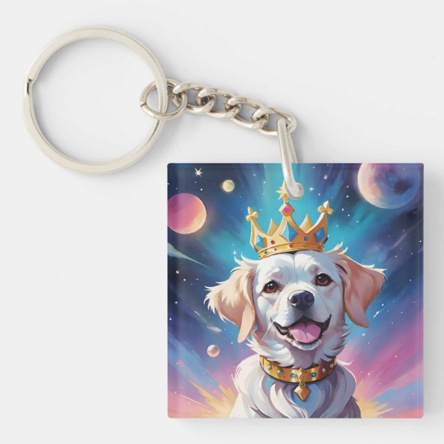 Dog wearing a crown in space key ring (Front)