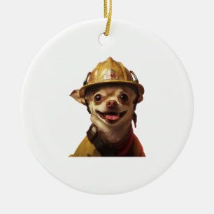 Dog wearing a red fireman helmet design ceramic tree decoration