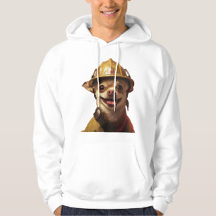 Dog wearing a red fireman helmet design hoodie