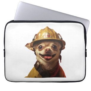 Dog wearing a red fireman helmet design laptop sleeve