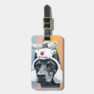Dog wearing a Reindeer Hat Luggage Tag