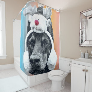Dog wearing a Reindeer Hat Shower Curtain