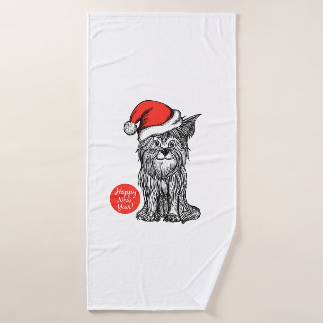 Dog wearing Christmas Hat   Bath Towel (Bath Towel)