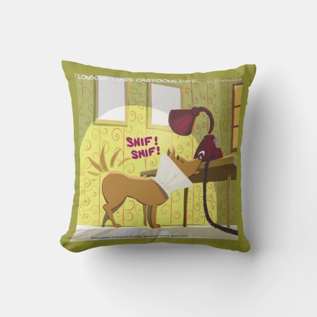Dog Wearing Cone Sniffs Lamp Funny Throw Pillow (Front)