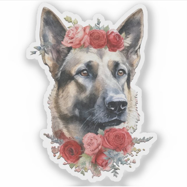Dog Wearing Flowers on its Head Valentine Sticker (Front)