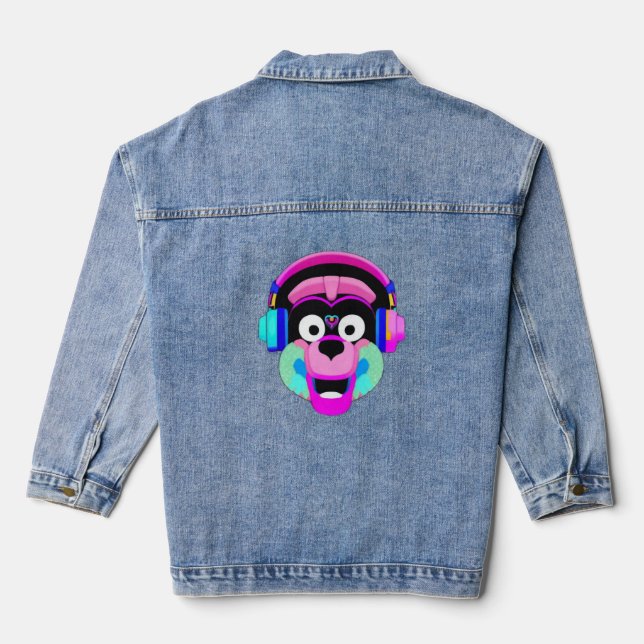 Dog wearing headphones and having fun denim jacket (Back)