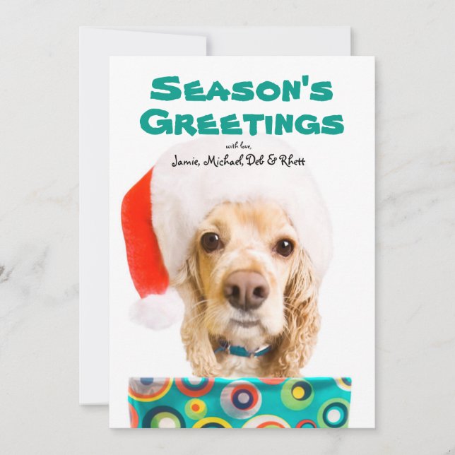 Dog wearing santa hat, holding present holiday card (Front)