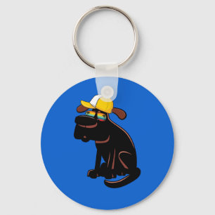 Dog wearing sunglasses and a yellow hat key ring