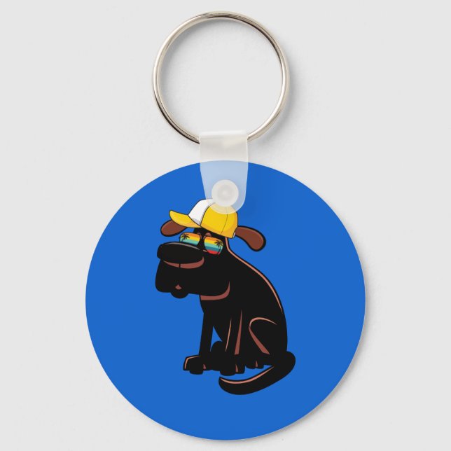 Dog wearing sunglasses and a yellow hat key ring (Front)