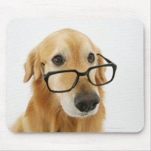 Dog wearing tie and glasses sitting on chair mouse pad