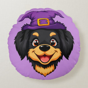Dog Wearing Witch Hat Whimsical Halloween Décor Round Cushion