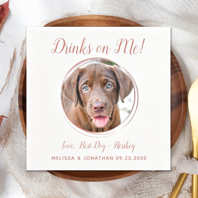 Dog Wedding Modern Rose Gold Personalise Pet Photo Napkin (Creator Uploaded)