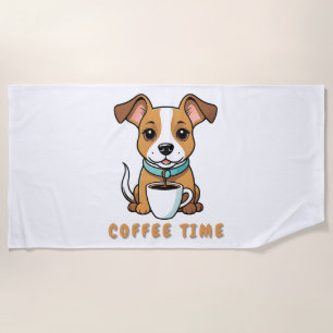 dog with a cup coffee beach towel