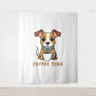 dog with a cup coffee tapestry