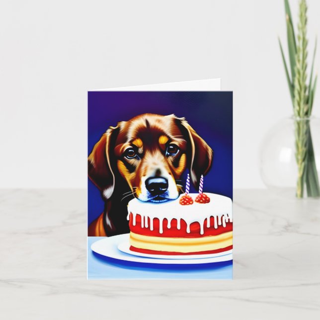 Dog With Birthday Cake Folded Greeting Card (Front)