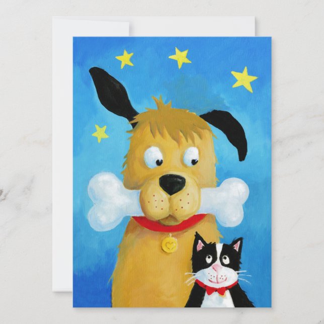 Dog with Bone & Cat - Funny Christmas Card (Front)