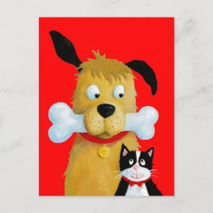 Dog with Bone & Cat - Funny Postcard