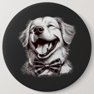 dog with bow tie laughing 6 cm round badge