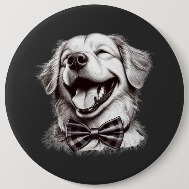dog with bow tie laughing 6 cm round badge (Front)