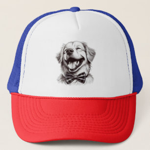 dog with bow tie laughing trucker hat