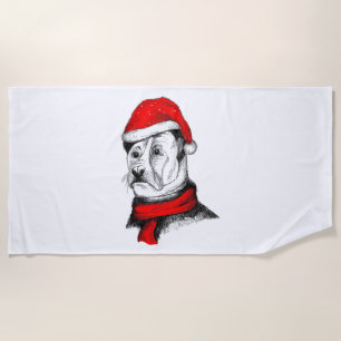 Dog with Christmas cap Beach Towel
