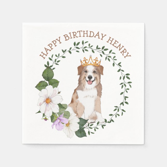 Dog With Crown Floral Birthday Napkin (Front)