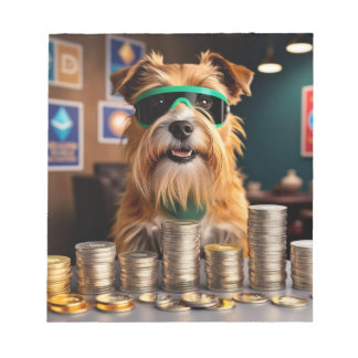 Dog with crypto coins notepad