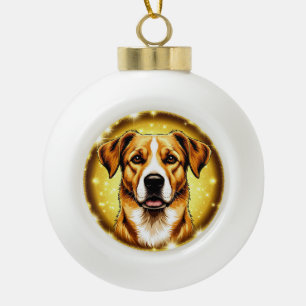 Dog with Golden Background Ceramic Ball Christmas Ornament