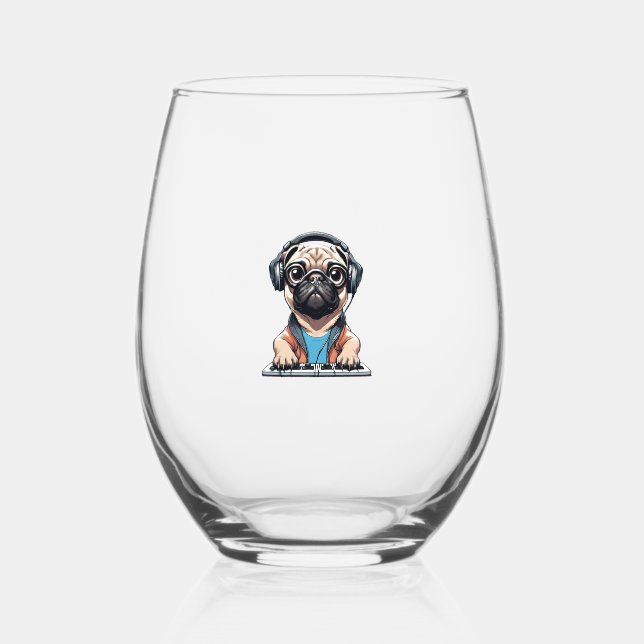 Dog With Headphones  1 Stemless Wine Glass (Front)
