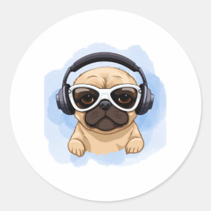 Dog With Headphones 2 Classic Round Sticker